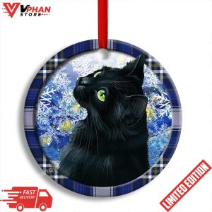 Christmas Black Cat Stary Snowy Night Round Ornament 1