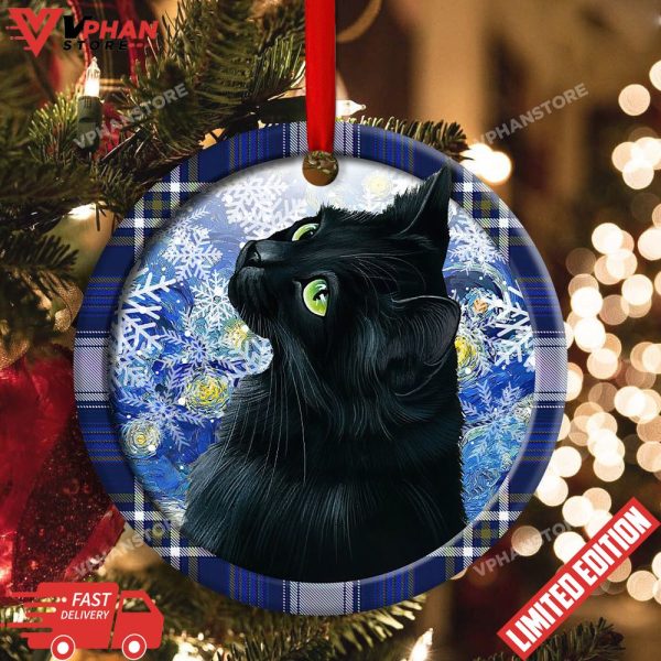 Christmas Black Cat Stary Snowy Night Round Ornament