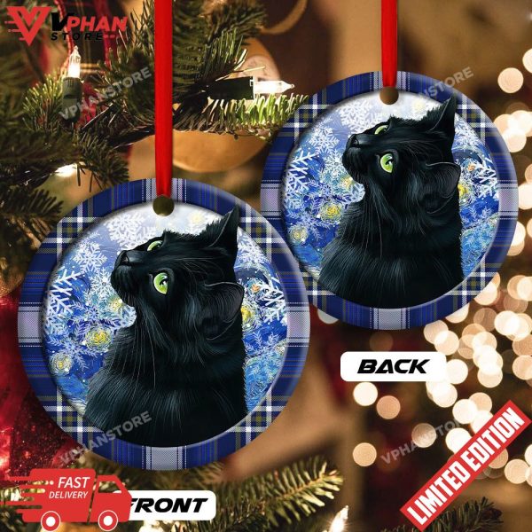 Christmas Black Cat Stary Snowy Night Round Ornament