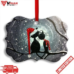 Christmas Cat Couple Lover With Moon Horizontal Ornament 1