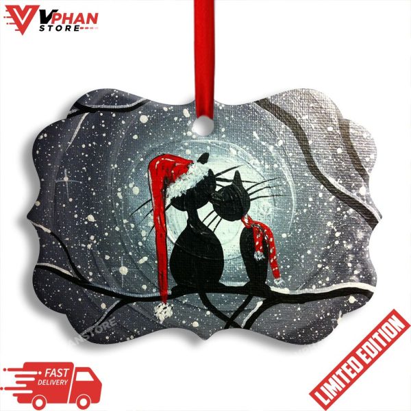 Christmas Cat Couple Lover With Moon Horizontal Ornament