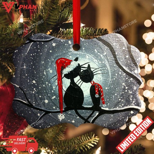 Christmas Cat Couple Lover With Moon Horizontal Ornament