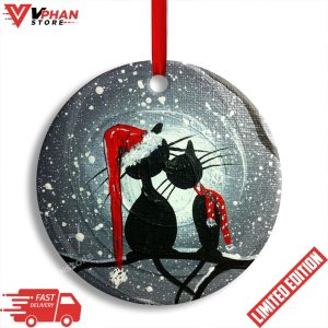 Christmas Cat Couple Lover With Moon Round Ornament 1