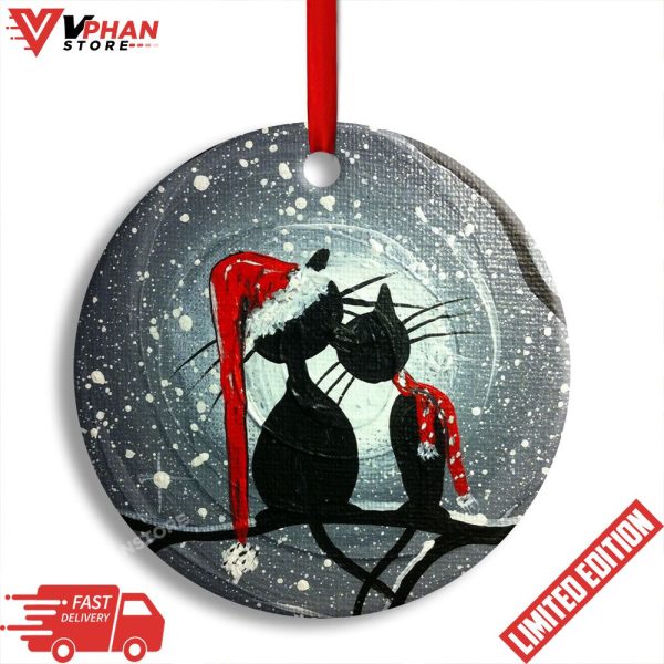 Christmas Cat Couple Lover With Moon Round Ornament