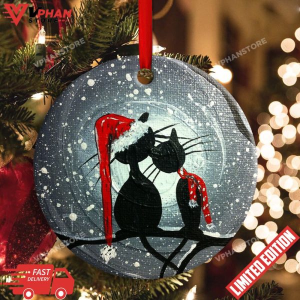 Christmas Cat Couple Lover With Moon Round Ornament