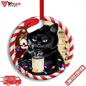 Christmas Cat Drink Coffee I Hate People Round Ornament 1