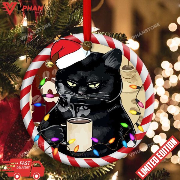 Christmas Cat Drink Coffee I Hate People Round Ornament