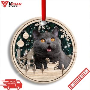 Christmas Cat Lover Heart Beat Round Ornament 1