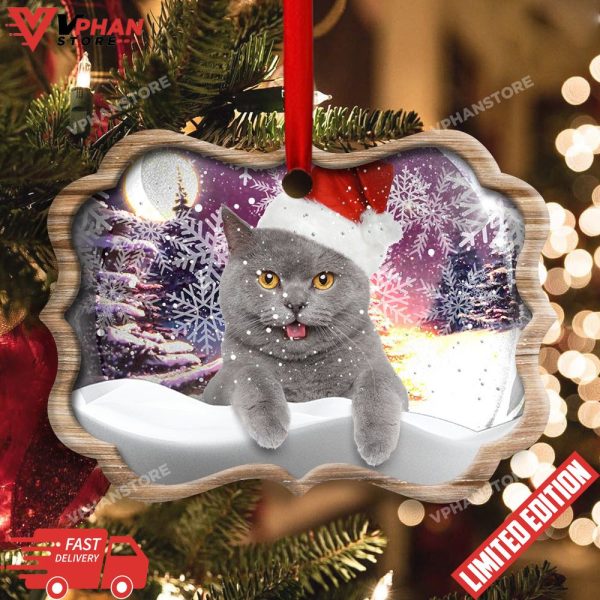 Christmas Cat Snowy Day Horizontal Ceramic Ornament