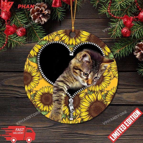 Cute Cat Sunflower Zipper Mica Round Christmas Ornament