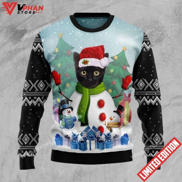 Cute Snowman Black Cat Ugly Christmas Sweater, Meowy Christmas Sweater