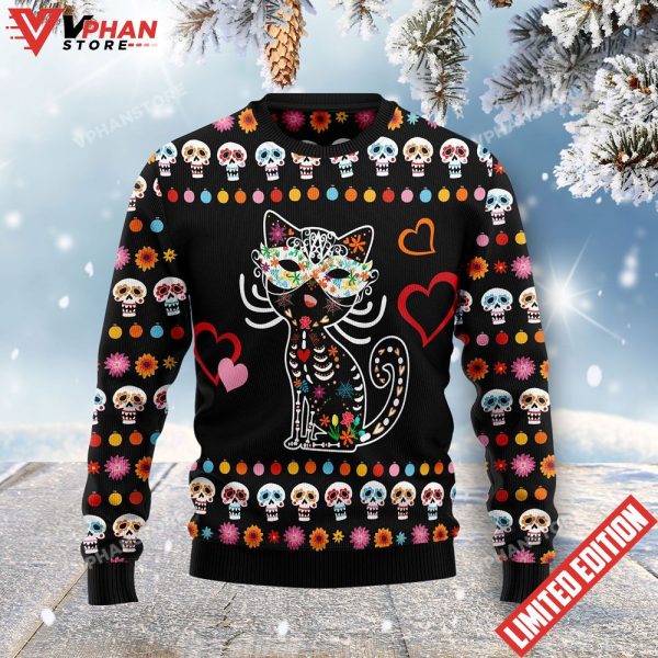 Day Of The Dead Black Cat Ugly Christmas Sweater