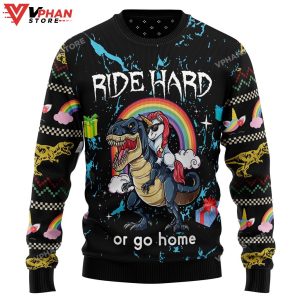 Dinosaur Unicorn Ride Hard Ugly Christmas Sweater 1