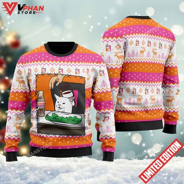 Dunkin Donuts Cat Meme Christmas Ugly Sweater