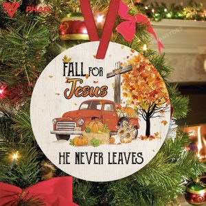 Fall For Jesus He Never Leaves Ceramic Circle Ornament 1