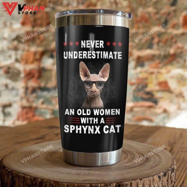 Fancy Sphynx Cat Wearing Sunglasses An Old Woman With A Shynx Tumbler