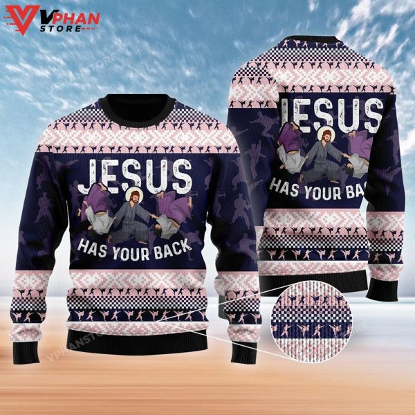 Funny Jesus Has Your Back Jiu Jitsu Christmas Sweater