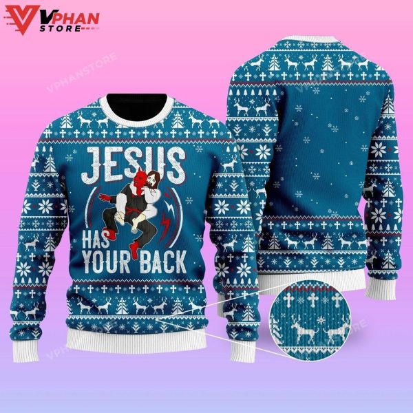 Funny Jesus Has Your Back Jiu Jitsu Ugly Christmas Sweater