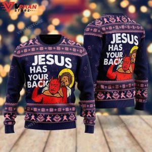 Funny Jesus Has Your Back Ugly Christmas Sweater 1