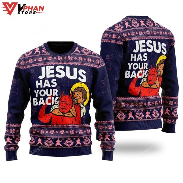 Funny Jesus Has Your Back Ugly Christmas Sweater