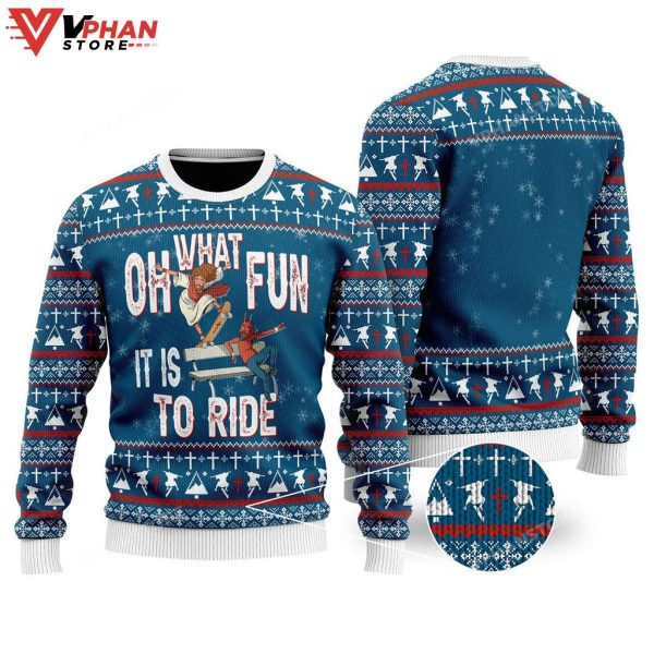 Funny Jesus Ride Skateboarding With Satan Ugly Sweater