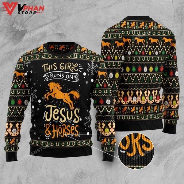 Girls Run On Jesus And Horses Ugly Christmas Sweater