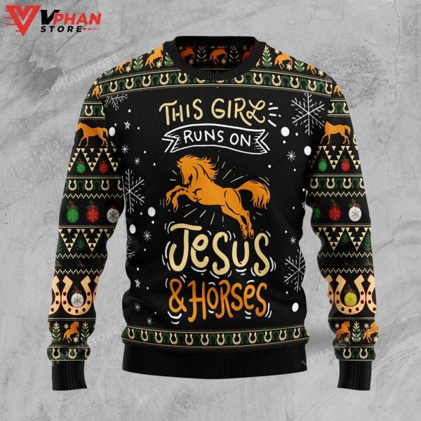 Girls Run On Jesus And Horses Ugly Christmas Sweater