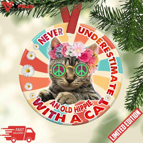 Hippie Never Underestimate An Old Hippie With A Cat Round Christmas Ornament