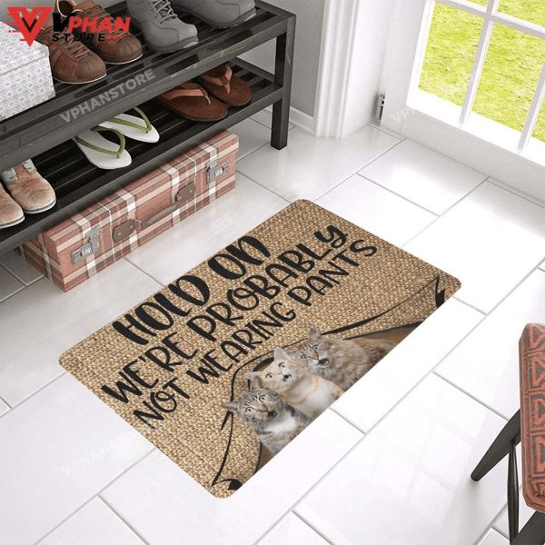 Hold On Were Probably Not Wearing Pants Cat DoorMat