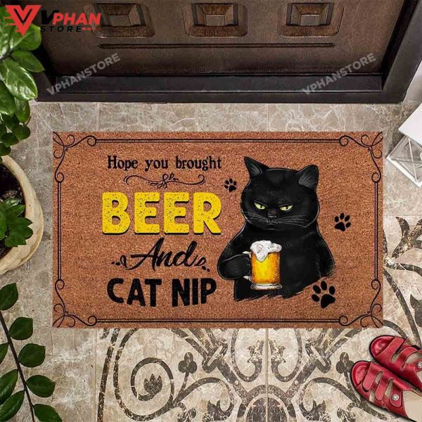 Hope You Brought Beer Black Cat Easy Clean Welcome DoorMat