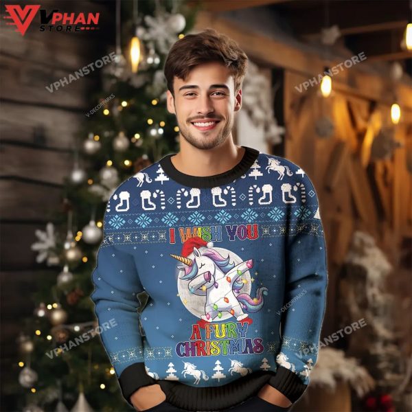 I Wish You A Furrr Christmas Dabbing Unicorn Ugly Sweater