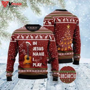 In Jesus Name I Play Guitar Ugly Christmas Sweater 1