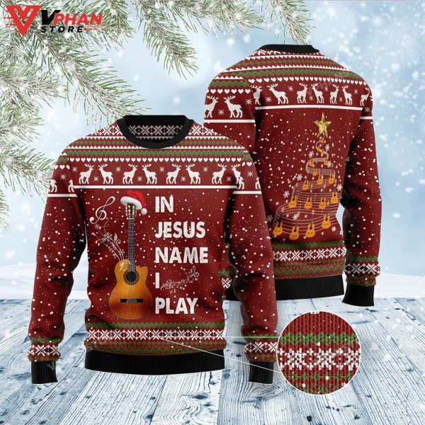 In Jesus Name I Play Guitar Ugly Christmas Sweater