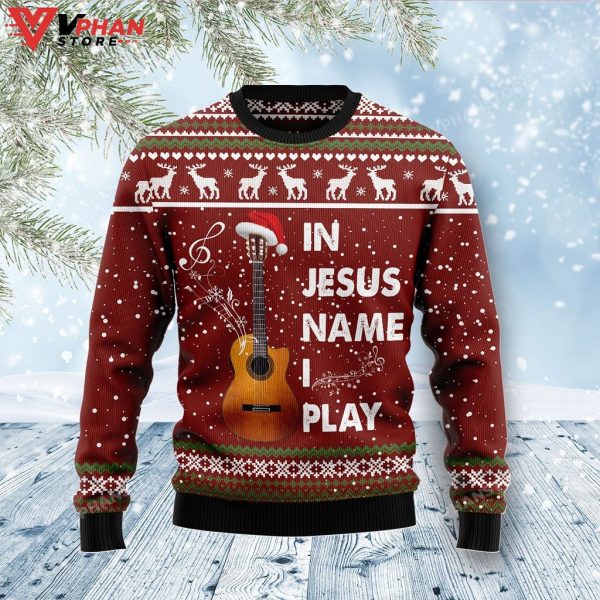 In Jesus Name I Play Guitar Ugly Christmas Sweater