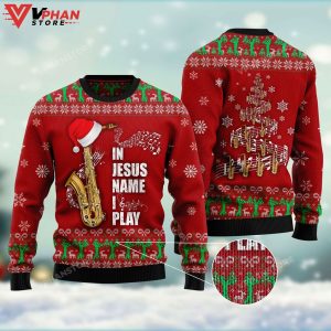 In Jesus Name I Play Saxophone Ugly Christmas Sweater 1