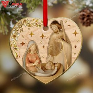 Jesus Nativity Wooden Style Heart Ceramic Ornament 1