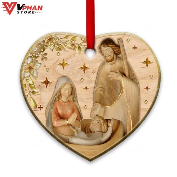 Jesus Nativity Wooden Style Heart Ceramic Ornament