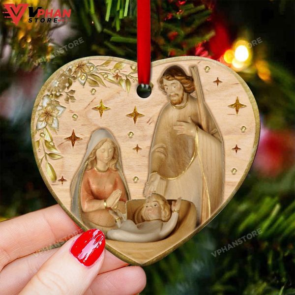 Jesus Nativity Wooden Style Heart Ceramic Ornament