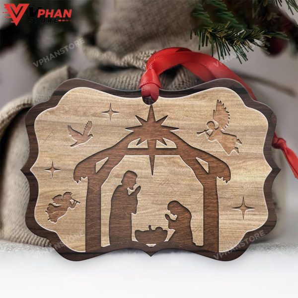 Jesus Nativity Wooden Style Metal Ornament