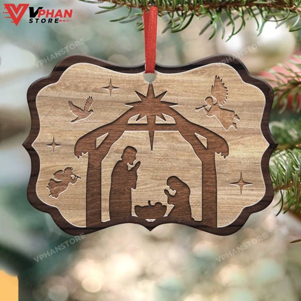 Jesus Nativity Wooden Style Metal Ornament