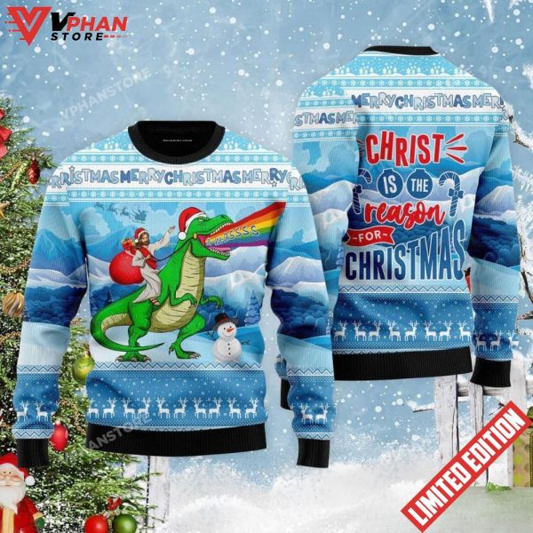 Jesus Riding Christ Is The Reason Dinosaur Christmas Sweater