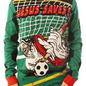 Jesus Saves Jesus Plays Soccer Funny Ugly Christmas Sweater 1