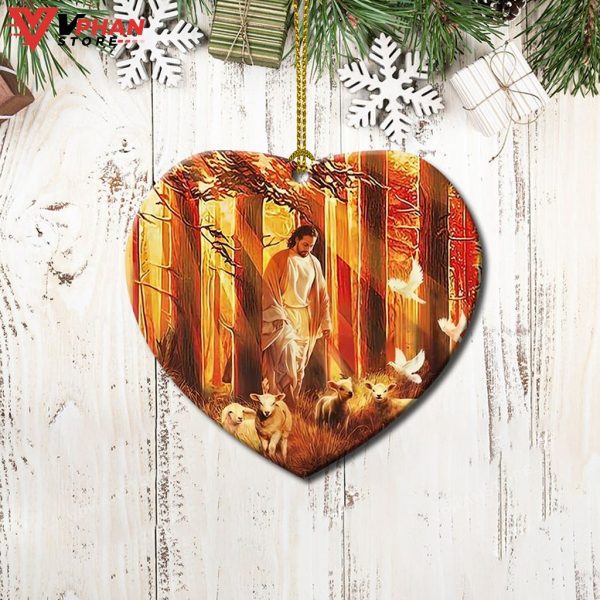 Jesus With Sheep Faith Heart Ceramic Ornament