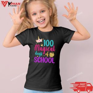 Kid Black 100th Day of School Unicorn 100 Magical Days Teacher Girls T Shirt