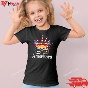 Kid Black Americorn 4th Of July Unicorn American Flag Patriotic Girls T Shirt