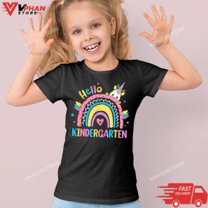 Kid Black Back To School Hello Kindergarten Rainbow Unicorn Teachers T Shirt