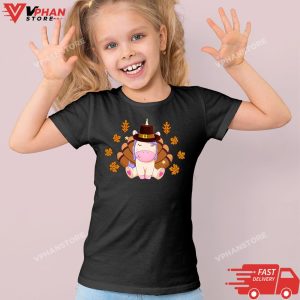 Kid Black Cute Thanksgiving Shirt Girls Kids Toddler Turkey Unicorn T Shirt