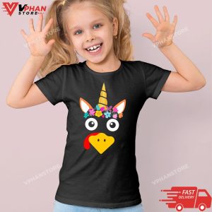 Kid Black Cute Turkey Unicorn Face Family Funny Thanksgiving Gift T Shirt