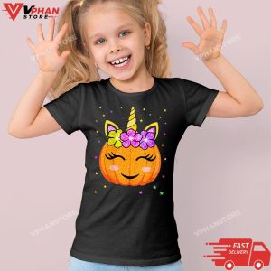 Kid Black Cute Unicorn Pumpkin Halloween Shirt Girls Women Witchy T Shirt