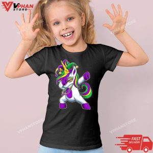 Kid Black Dabbing Jester Unicorn Mardi Gras Shirt Kids Girls T Shirt